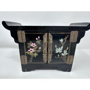 Vintage Chinese Jewelry Box Black Lacquer Floral Brass Hinged Cabinet